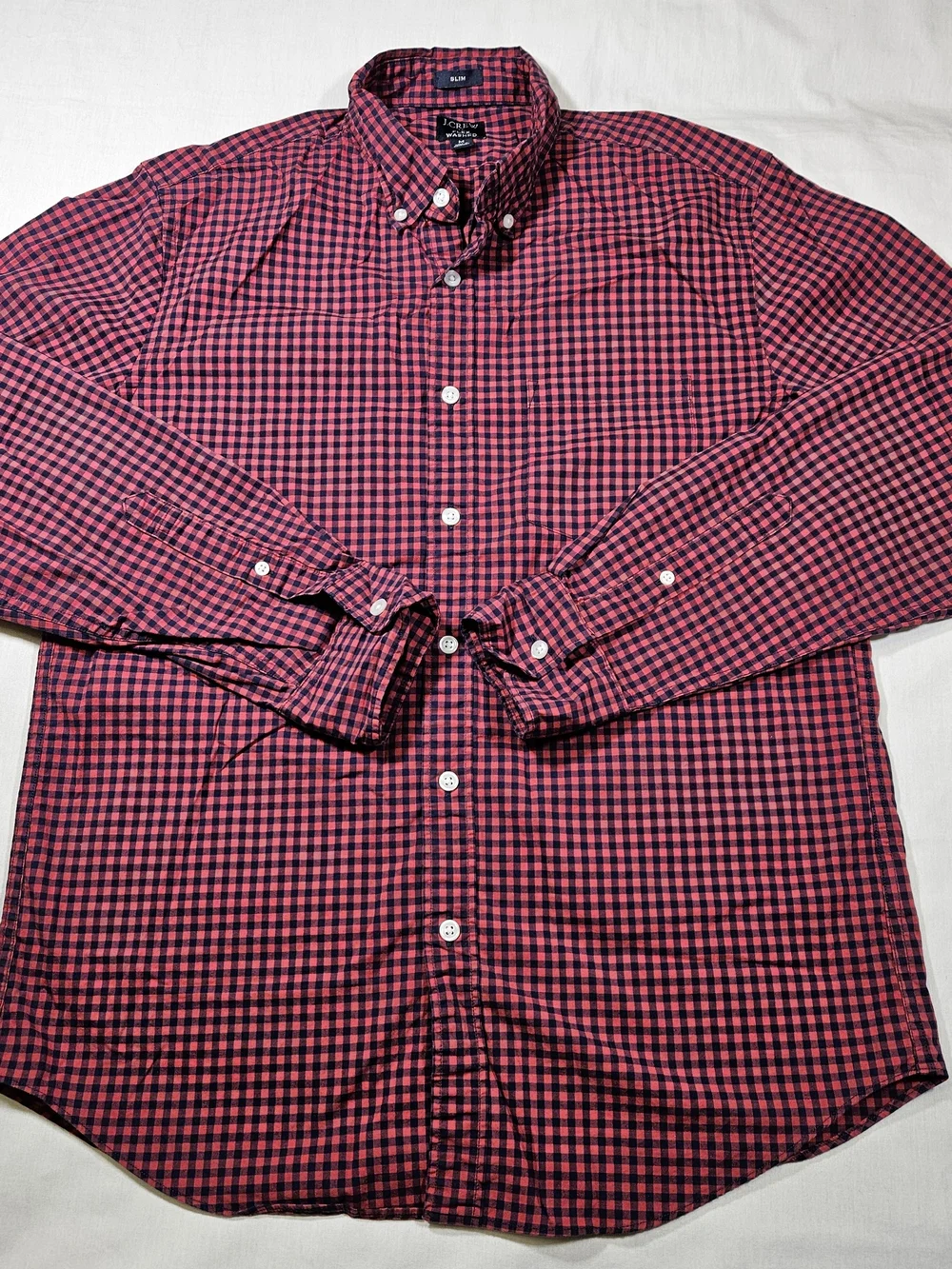 J.Crew Men's Medium Flex Washed Slim Fit Gingham Button Down Shirt Red Navy